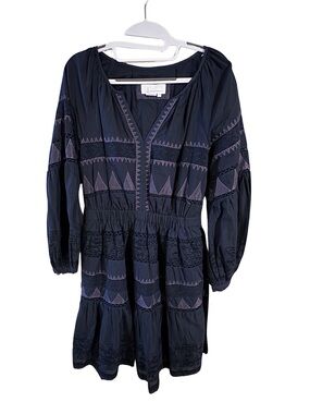 Anthro Skye Embroidered Dress Navy Boho Smocked Waist Long Sleeve S